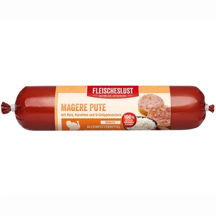 Fleischelust pølse med kalkun, gulerod og grønlæbet musling, 400g