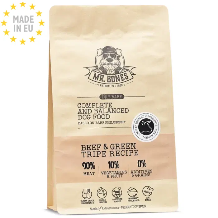 Mr. Bones Dry Barf Naturlig Hundefoder med 90 % Okse& Kallun, 10% Grønsager, 450g EU
